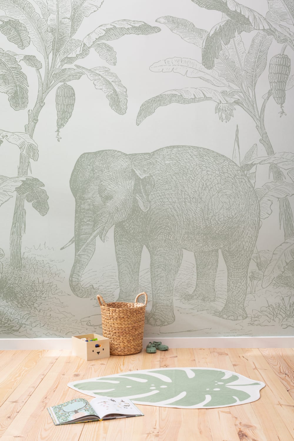 Salviavihreä Vintage Ontdekkingsreiziger Olifant Muurschildering