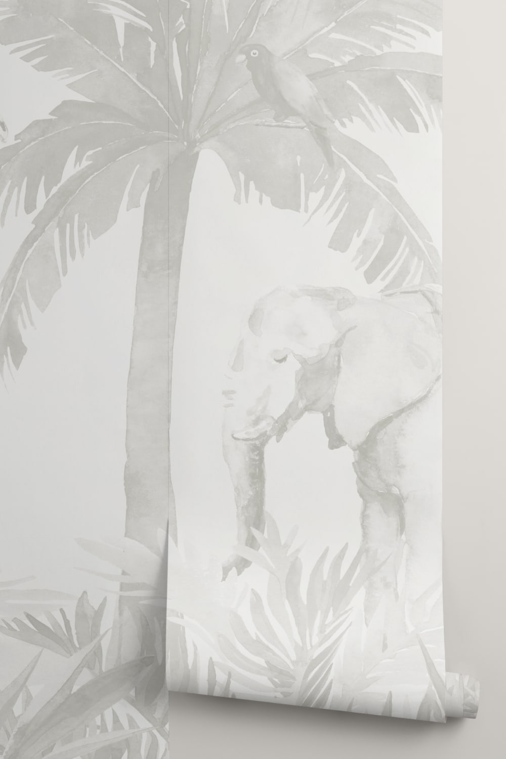 Neutrale muurschildering met aquarel jungle behang voor kinderkamer