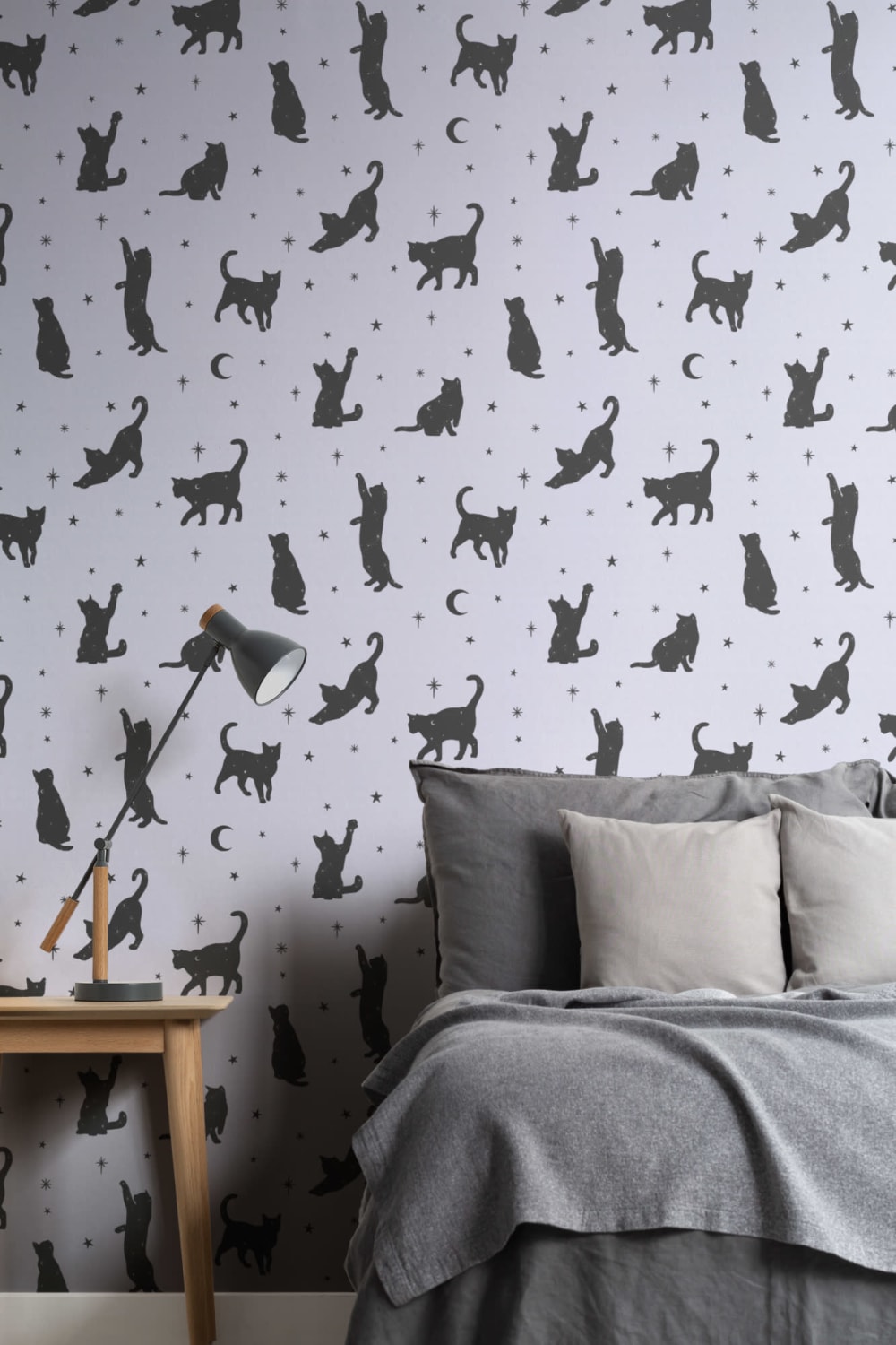 Mural Papel Pintado Lila con Motivo de Gatos y Estrellas
