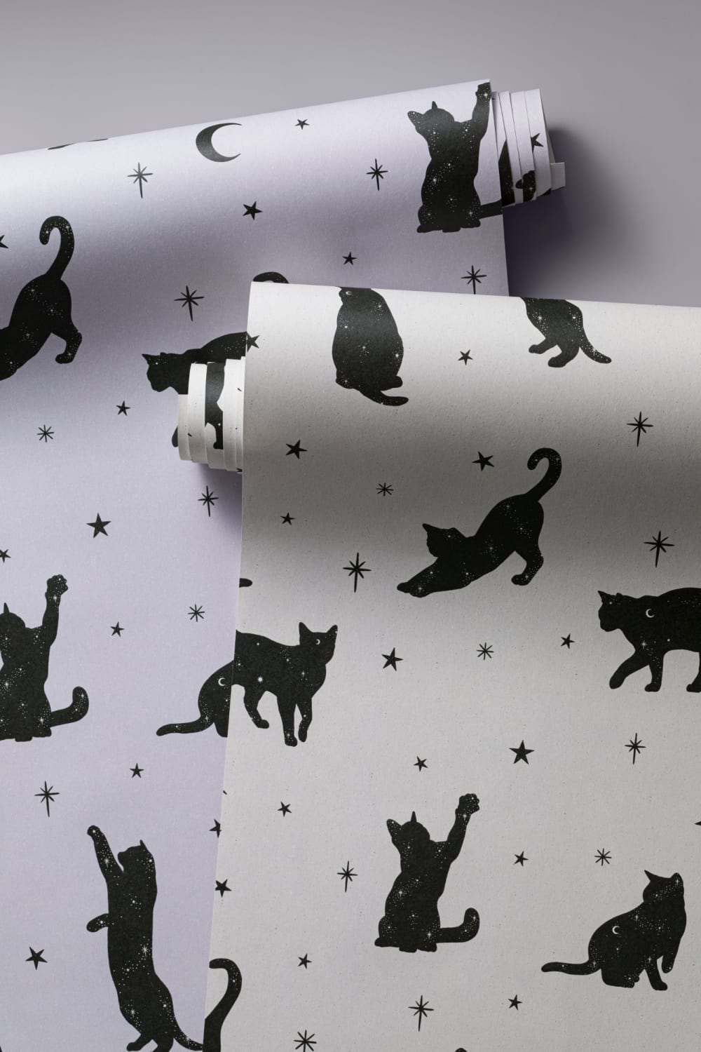 Mural Papel Pintado Lila con Motivo de Gatos y Estrellas