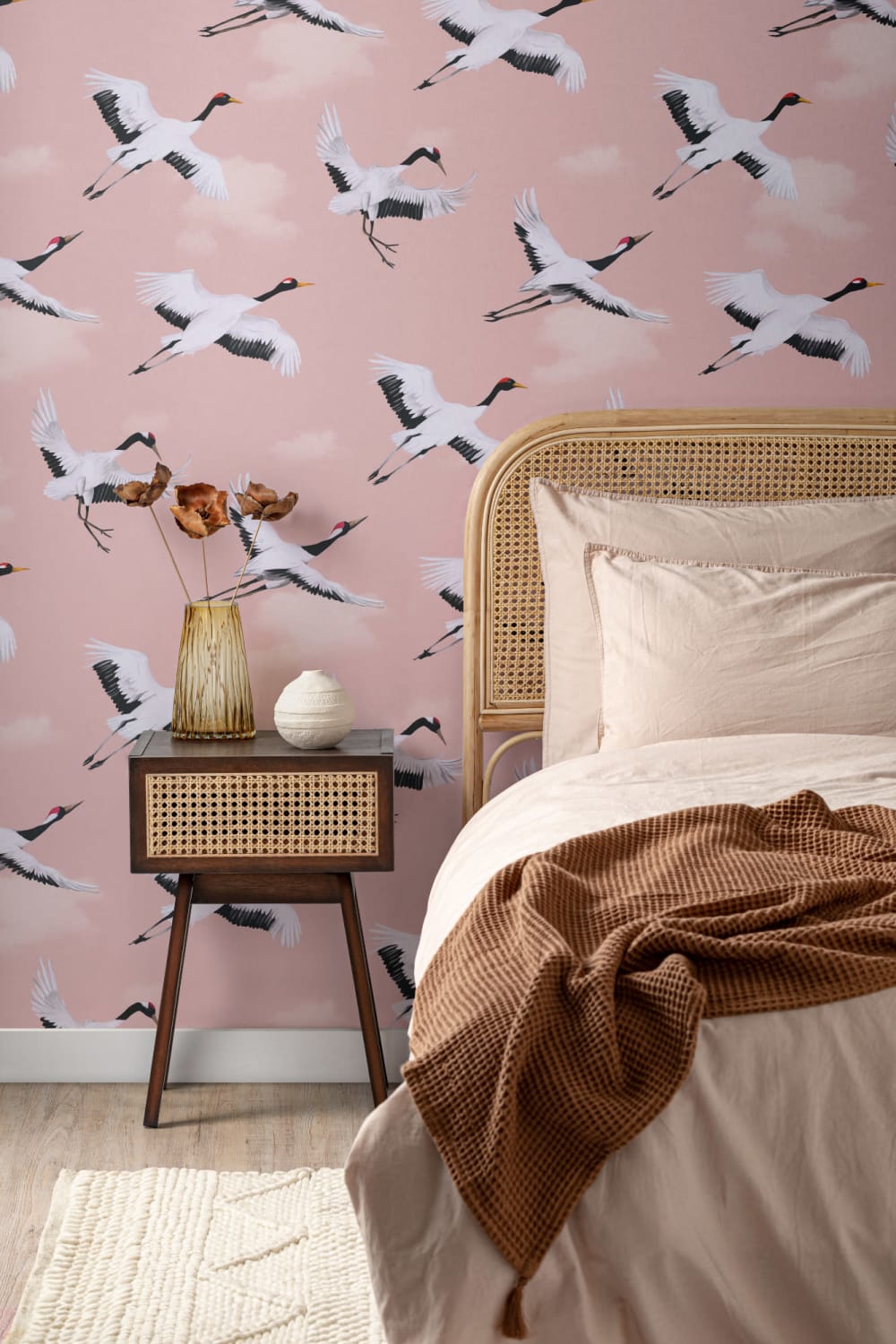 Flying Japanese Cranes Pink Repeat Pattern Wallpaper