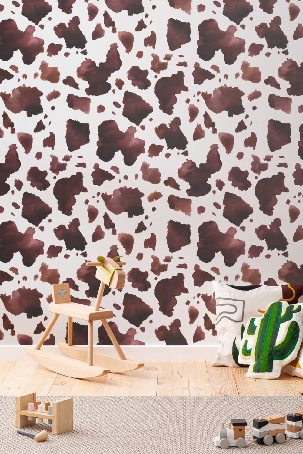 Painted Brown Cow Print Repeat Pattern Wallpaper