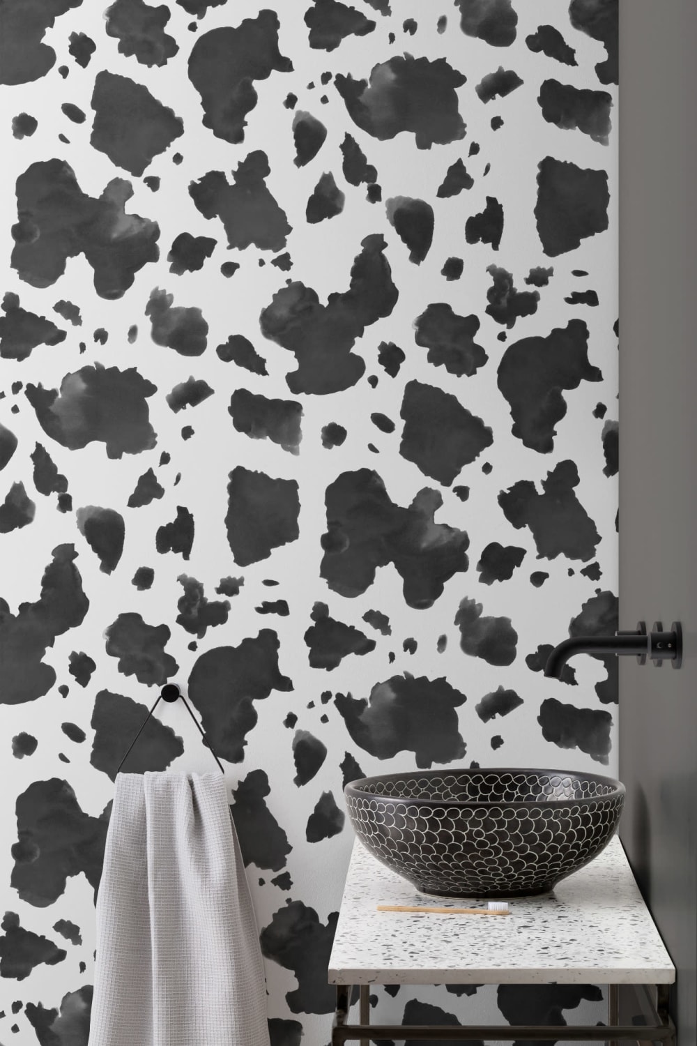 Painted Black and White Cow Print Repeat Pattern Wallpaper