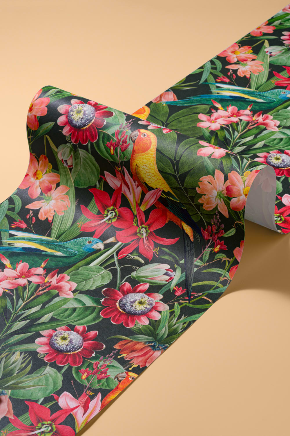 Multicolor Tropische Bladeren, Bloemen en Papegaaien Behang