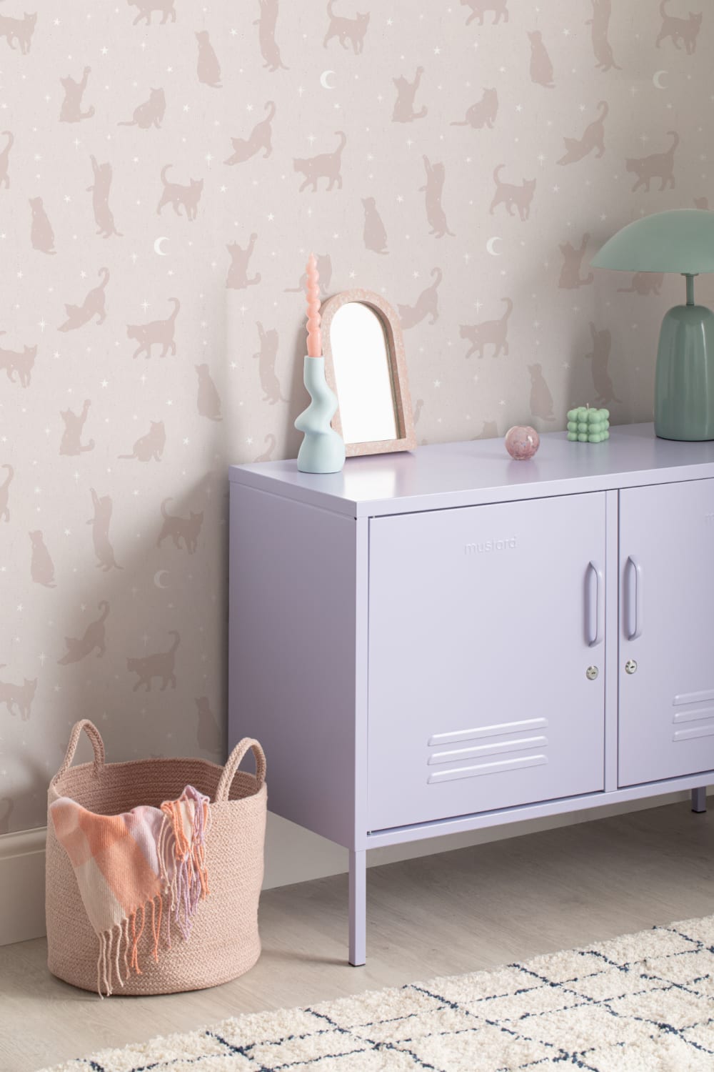 Pink Cat Moon & Stars Pattern Mural