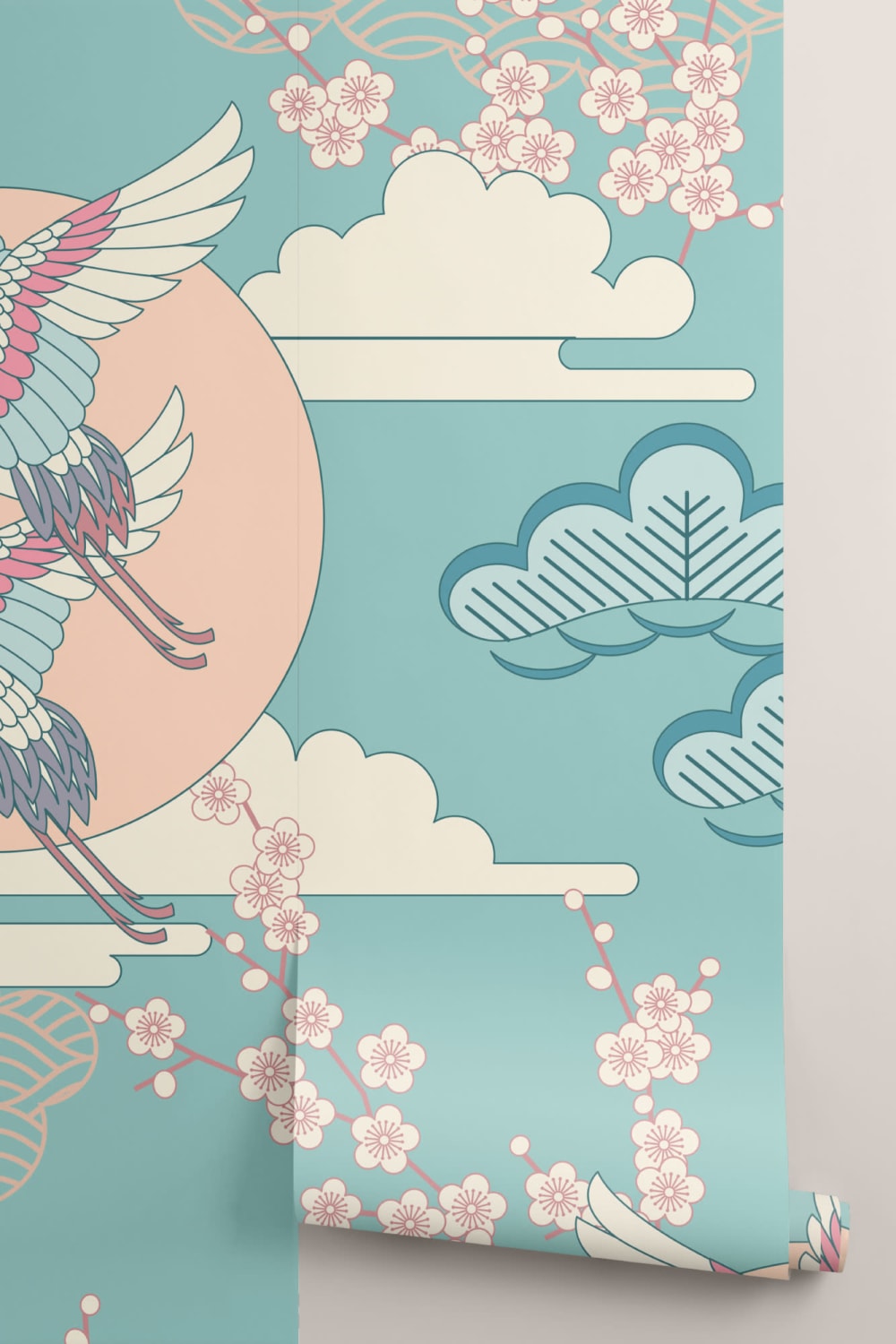 Green & Pink Oriental Sky Wallpaper Mural