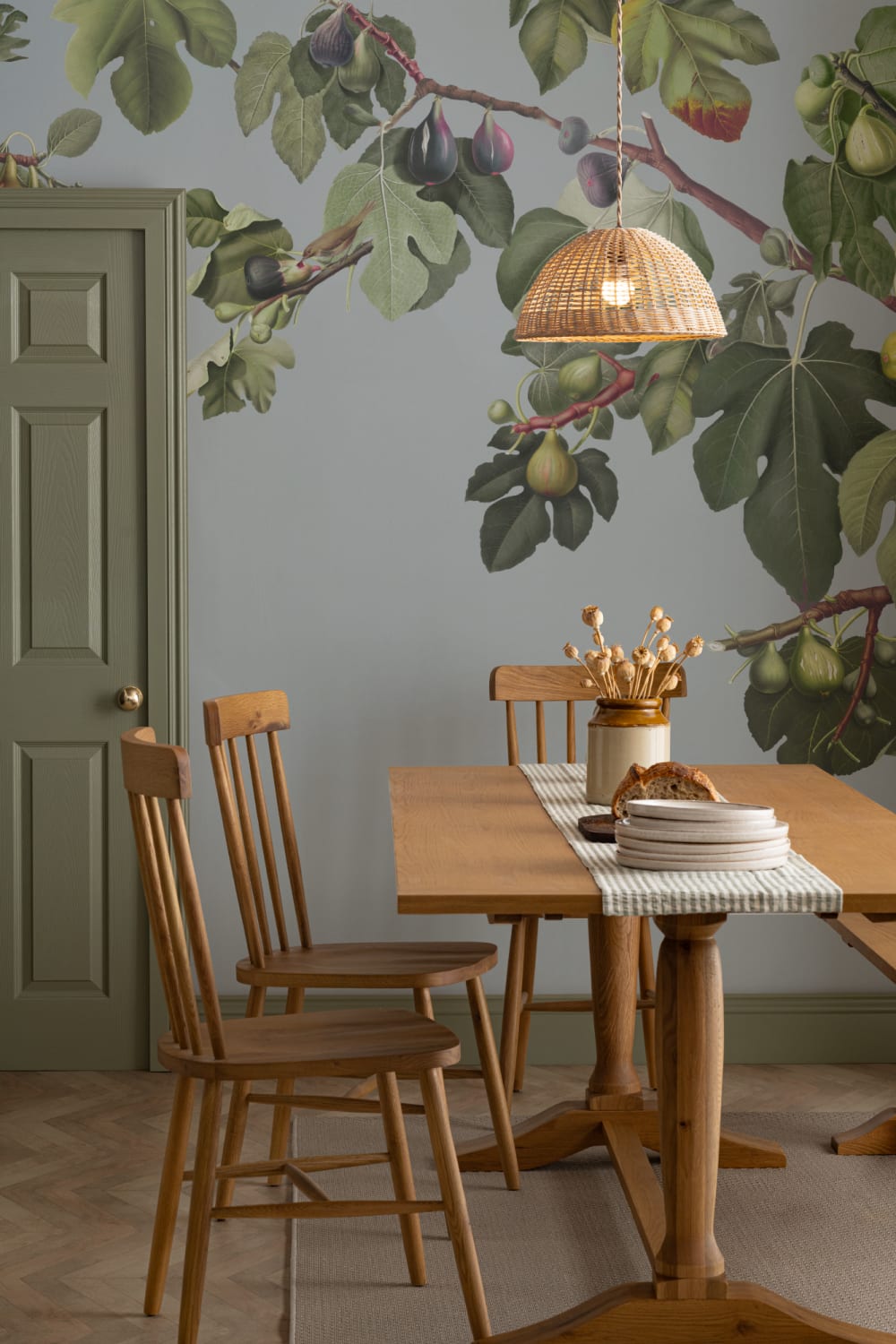 Vintage Fig Plant Botanical Illustration Wall Mural on Blue Background