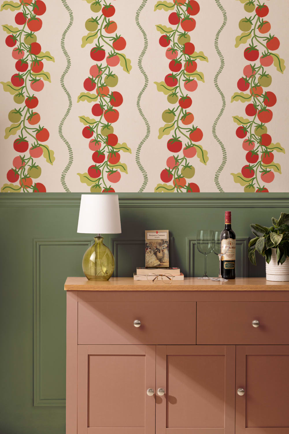 Beige Vine Tomato Botanisk randig mural-tapeter