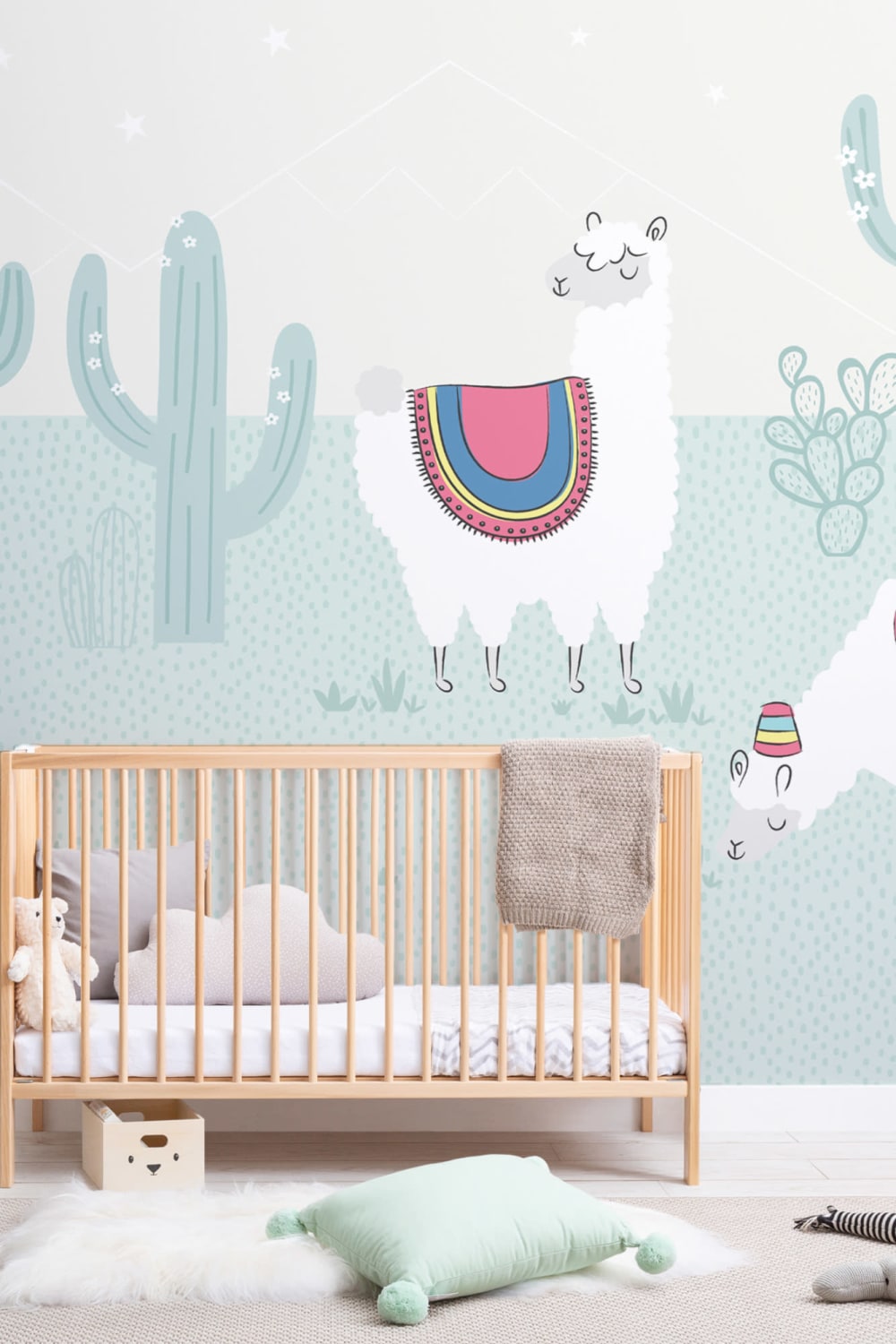 Cool Blue Exotic Llama Cactus Wallpaper Mural