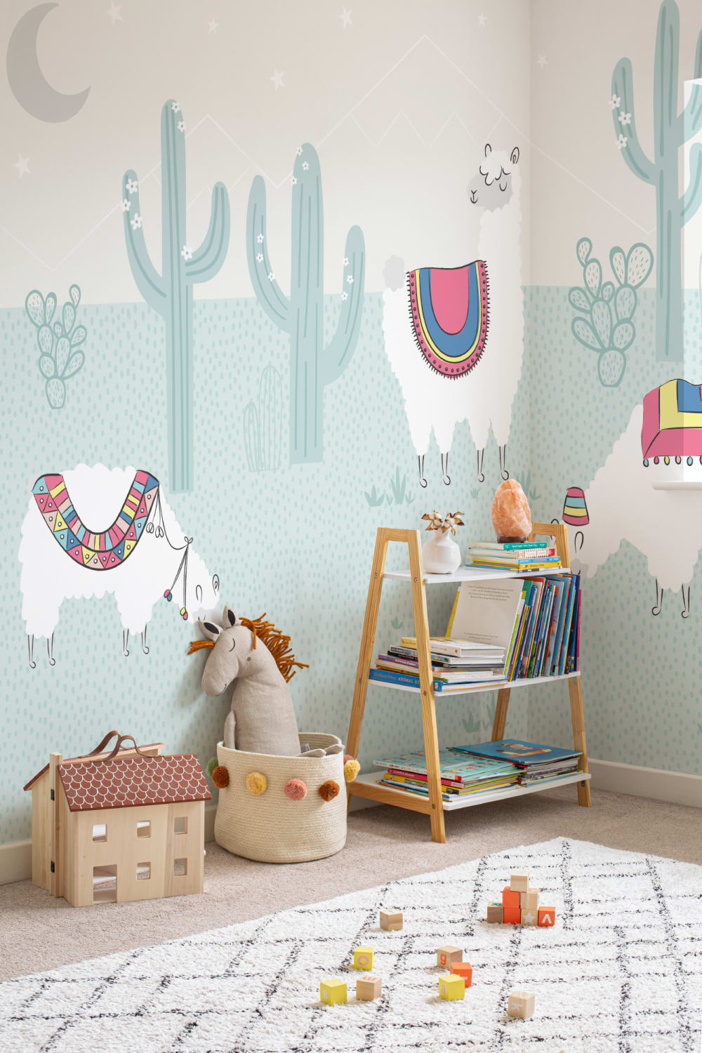 Cool Blue Exotic Llama Cactus Wallpaper Mural