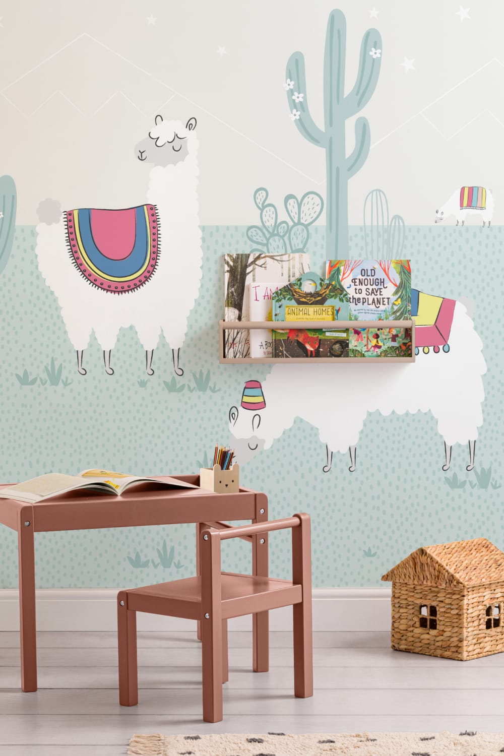 Cool Blue Exotic Llama Cactus Wallpaper Mural