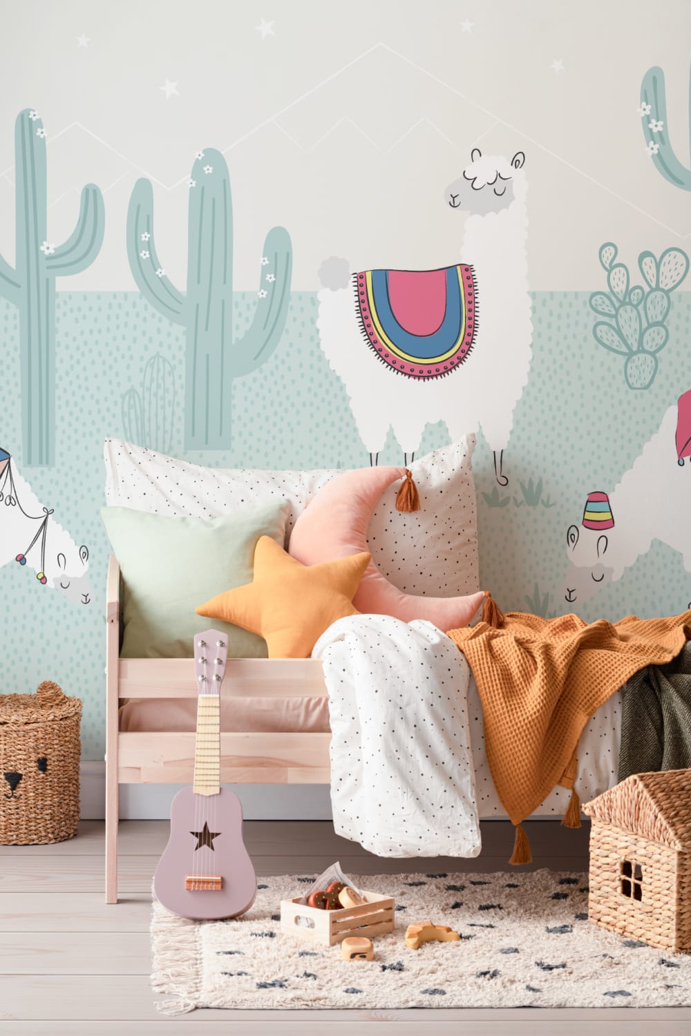 Cool Blue Exotic Llama Cactus Wallpaper Mural