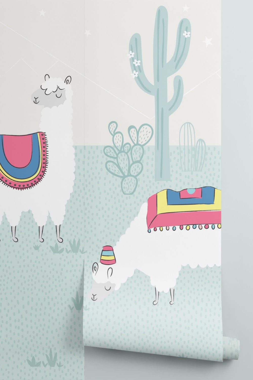 Cool Blue Exotic Llama Cactus Wallpaper Mural