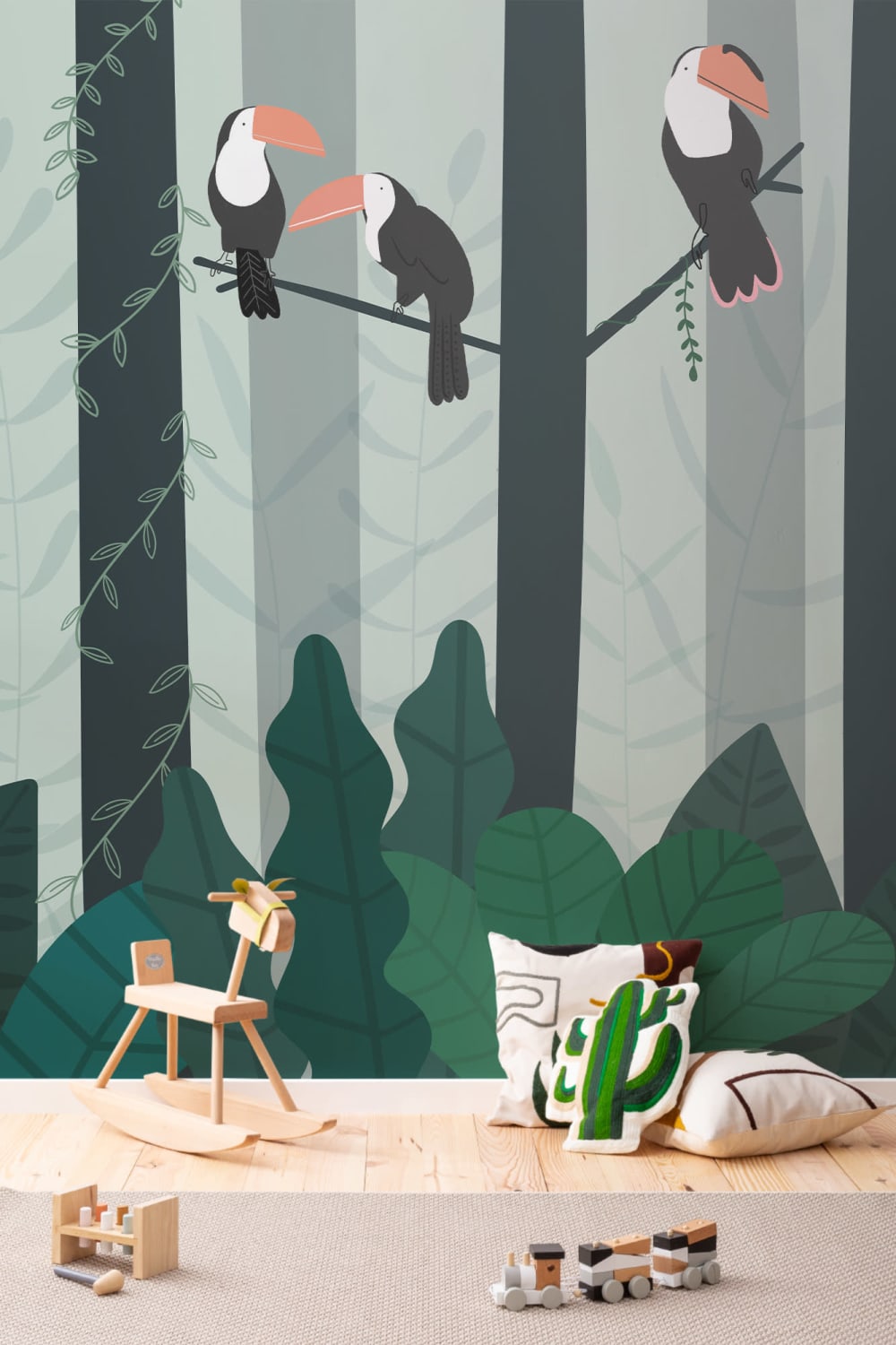 Illustrerad Toucan Rainforest Canopy Wallpaper fototapet