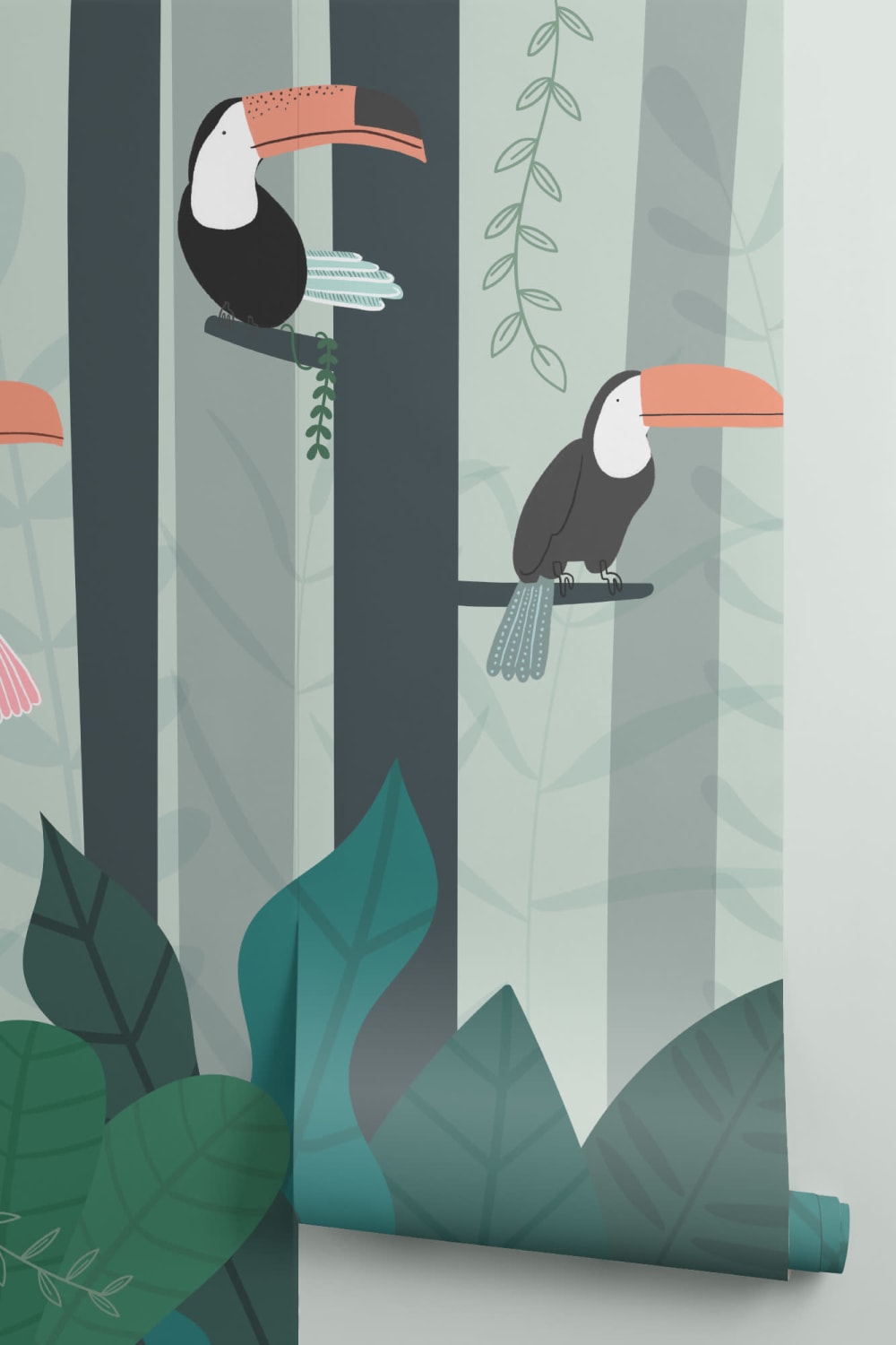 Illustrerad Toucan Rainforest Canopy Wallpaper fototapet