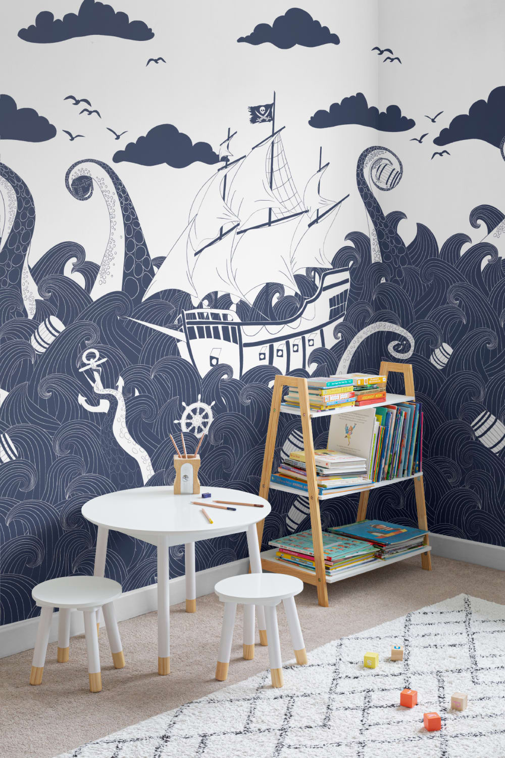 Dark Blue Pirate Ship Wallpaper Mural
