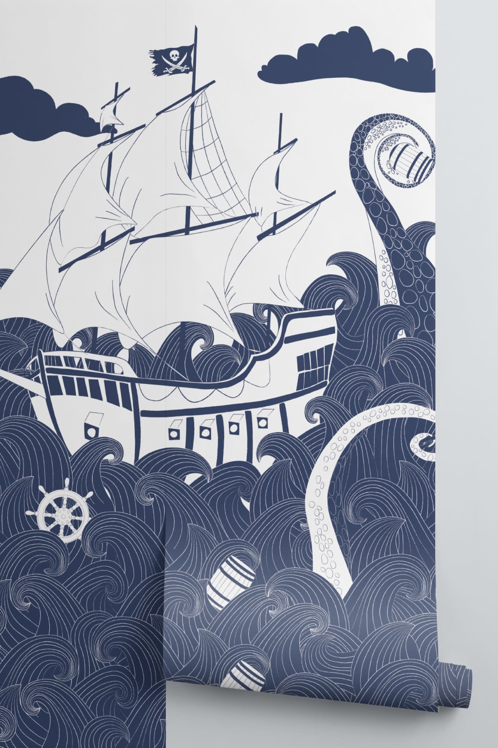 Dark Blue Pirate Ship Wallpaper Mural