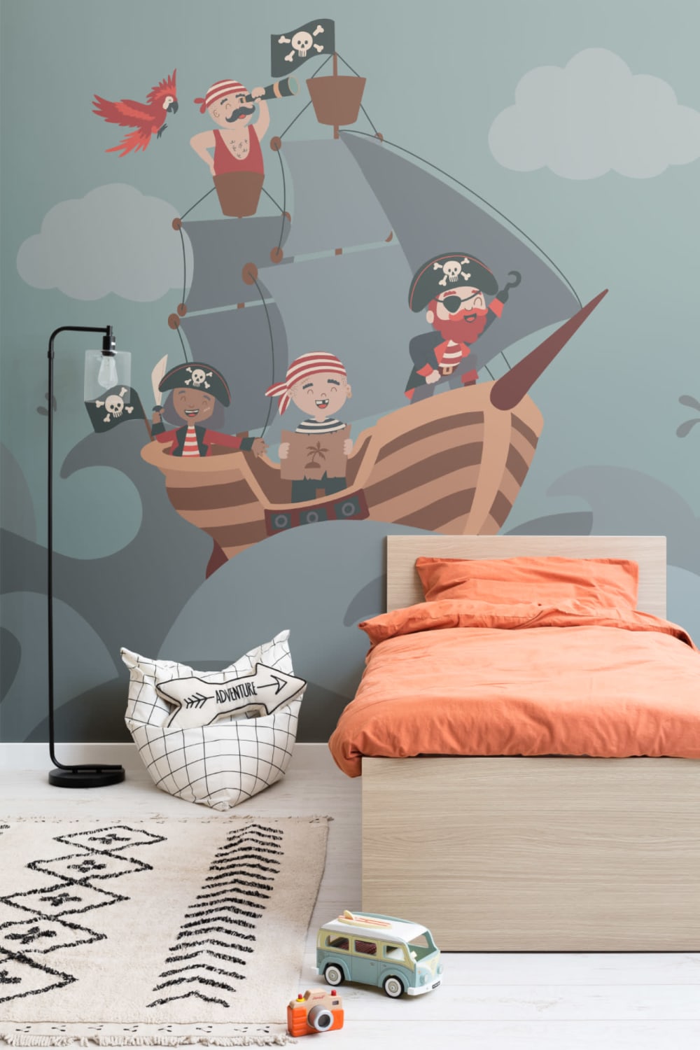 Mural Papel Pintado Infantil Ilustrado con Barco y Tripulación Pirata