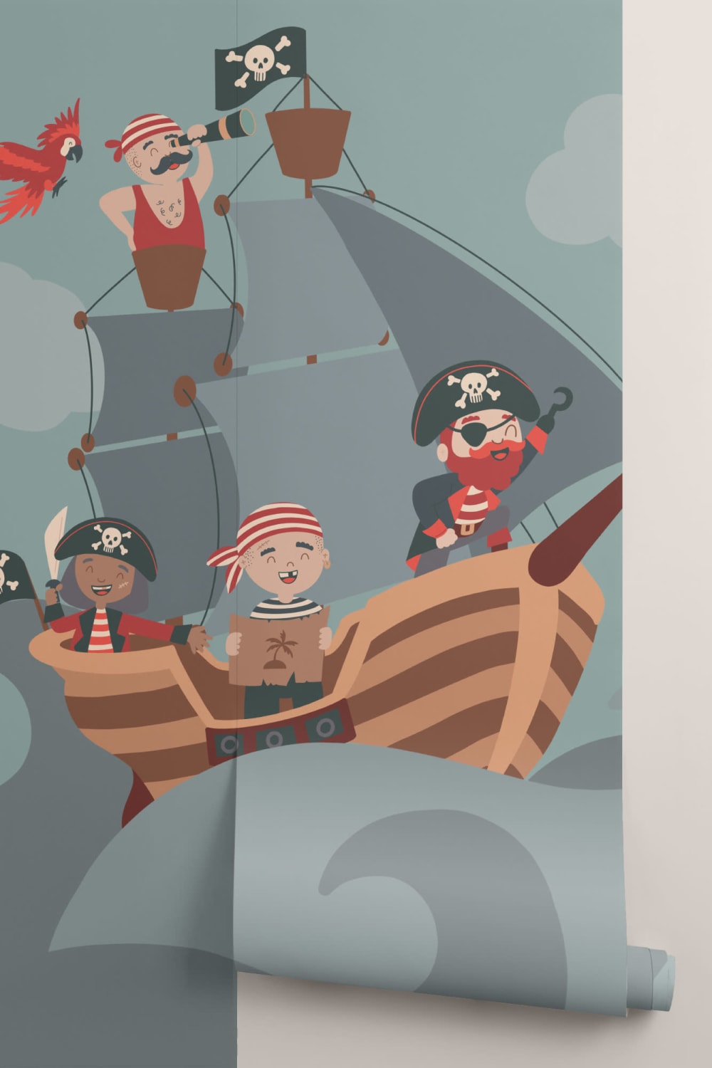 Mural Papel Pintado Infantil Ilustrado con Barco y Tripulación Pirata