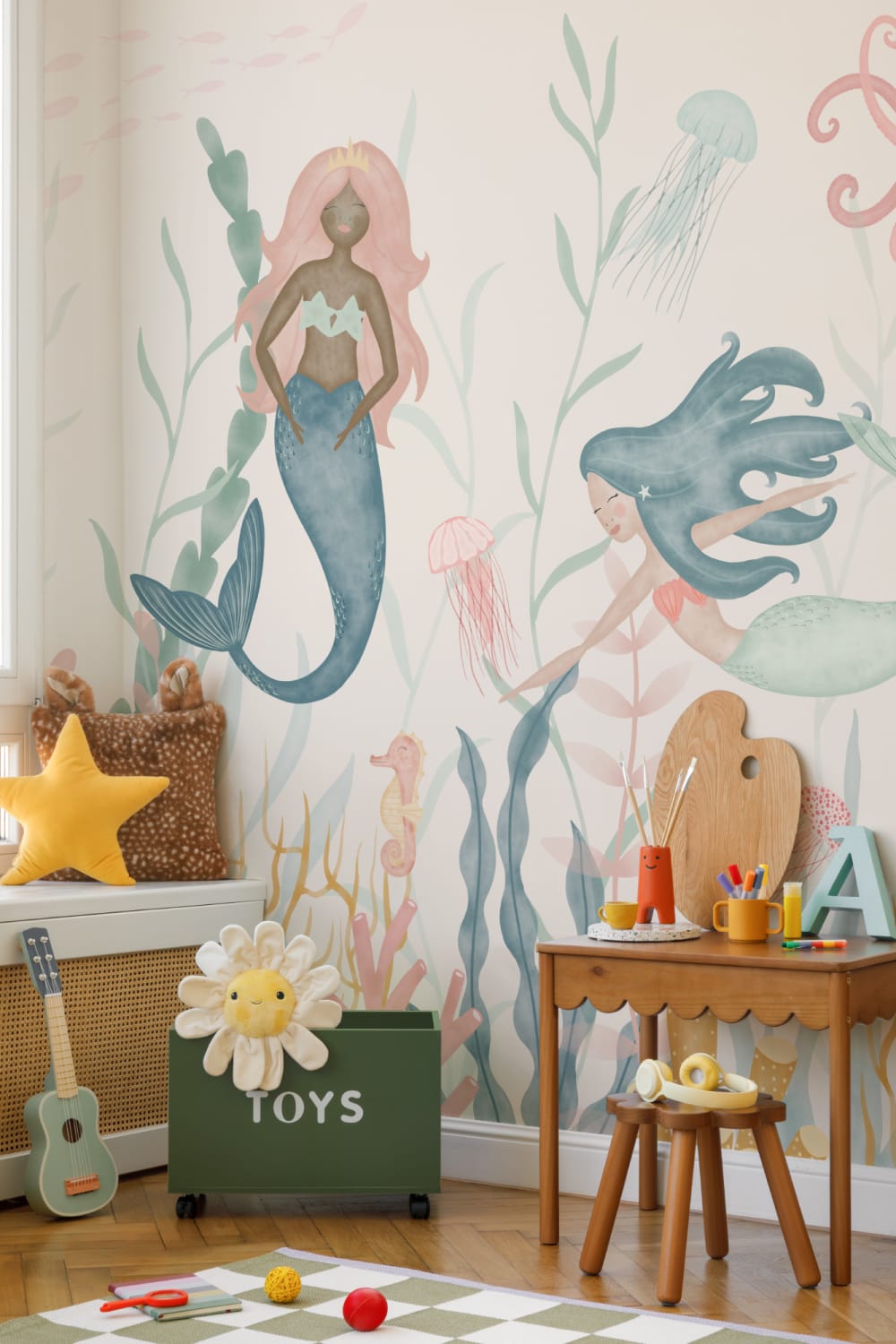 Underwater Modern Mermaids Pastel Watercolor Wallpaper Mural