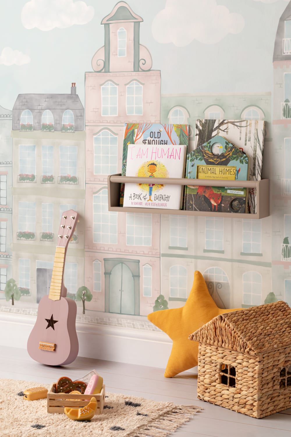 Pastel Watercolour Kids City Landscape Wallpaper Mural