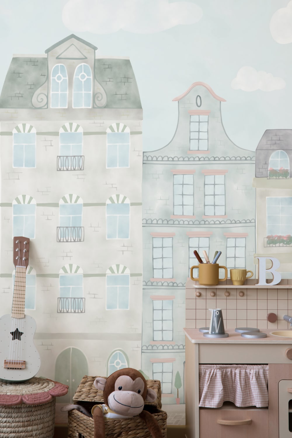 Pastel Watercolour Kids City Landscape Wallpaper Mural