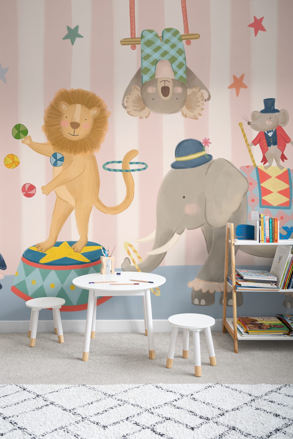 Kids Pink Stripe Animal Circus Show Mural