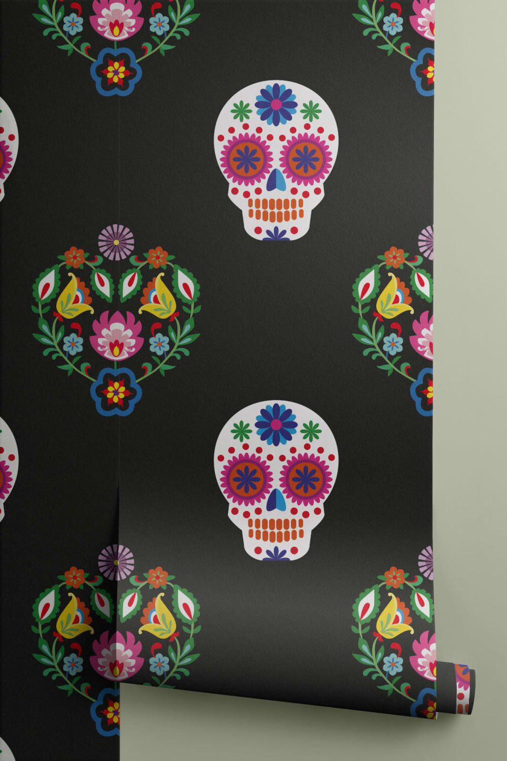 Papier Peint Floral Motif Tête de Mort en Sucre