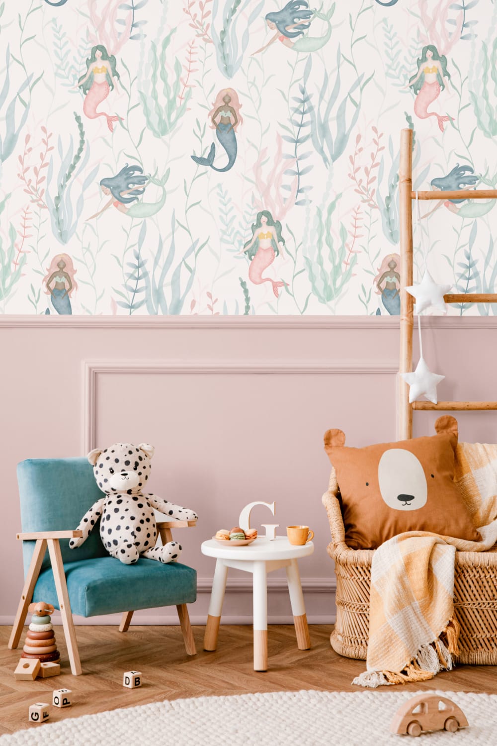 Pastel Watercolour Mermaid Modern Repeat Pattern Wallpaper