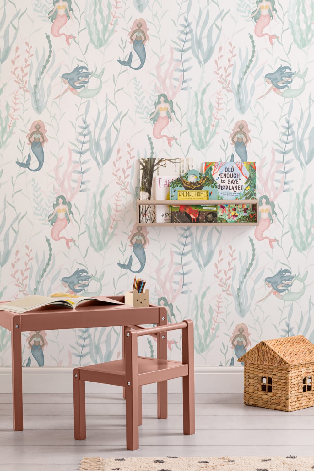 Pastel Watercolour Mermaid Modern Repeat Pattern Wallpaper