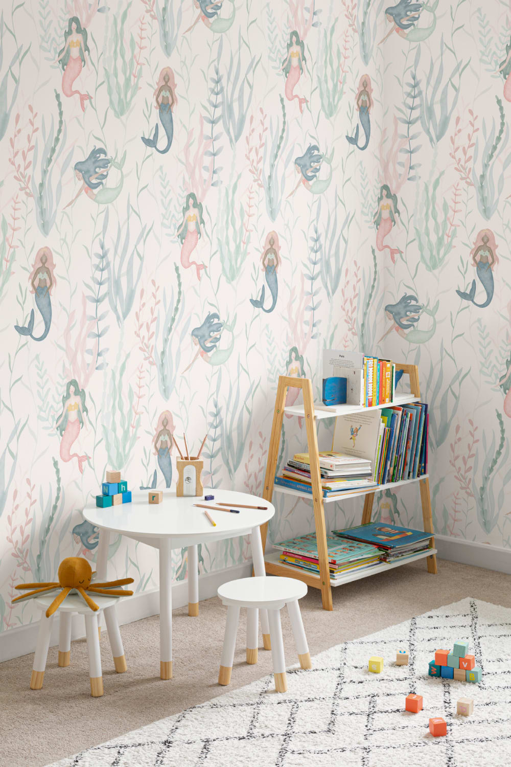Pastel Watercolour Mermaid Modern Repeat Pattern Wallpaper