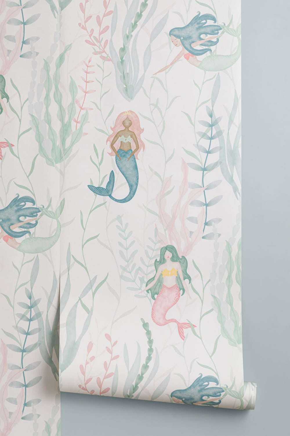 Pastel Watercolour Mermaid Modern Repeat Pattern Wallpaper