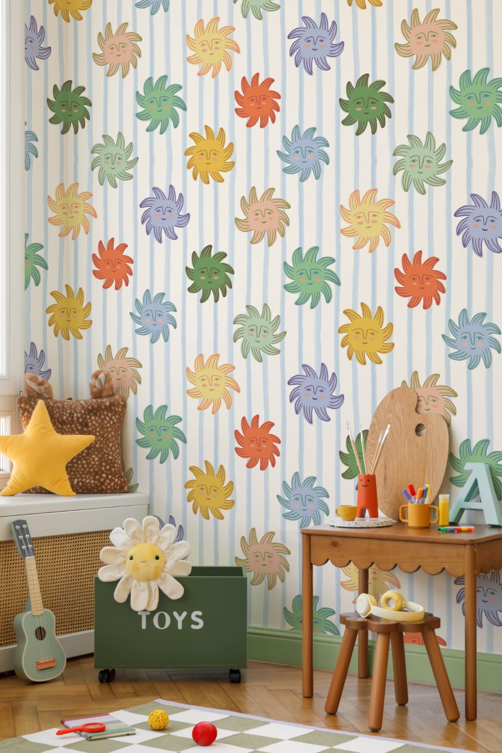 Multicolor Smiley Sunshines with Stripe Background Wallpaper
