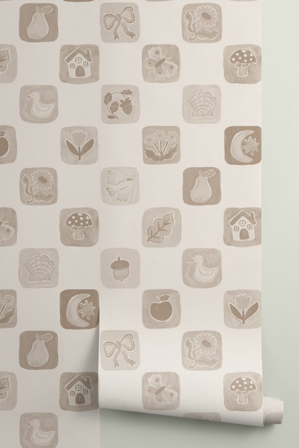 Neutral Checkered Kids' Patchwork Pattern Mural