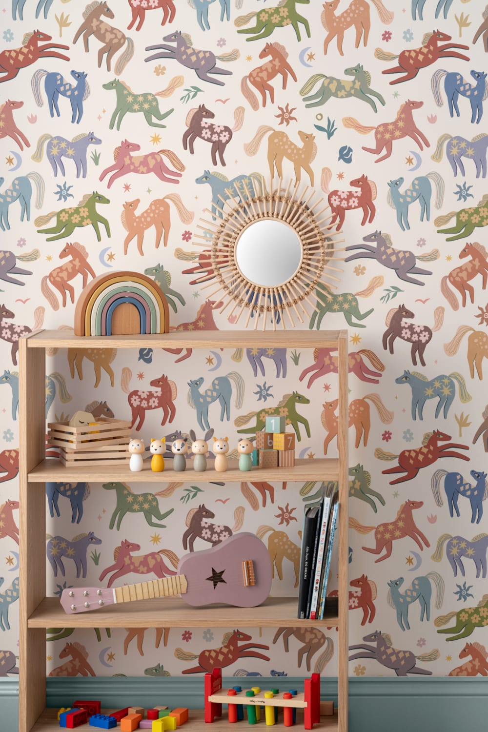 Carta da parati multicolore con animali Pony Whimsy per bambini