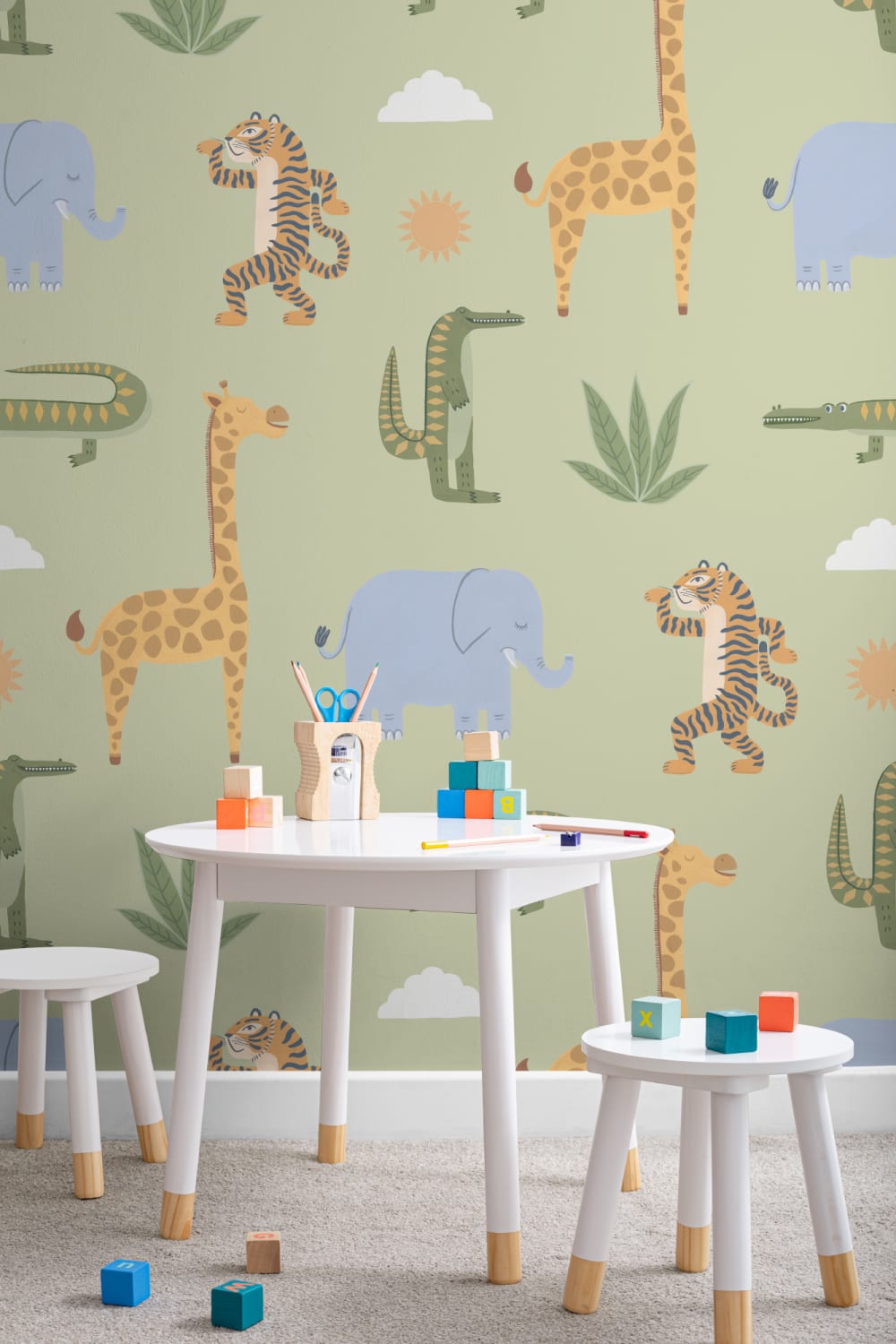 Green Kids Playful Jungle Animals Mural