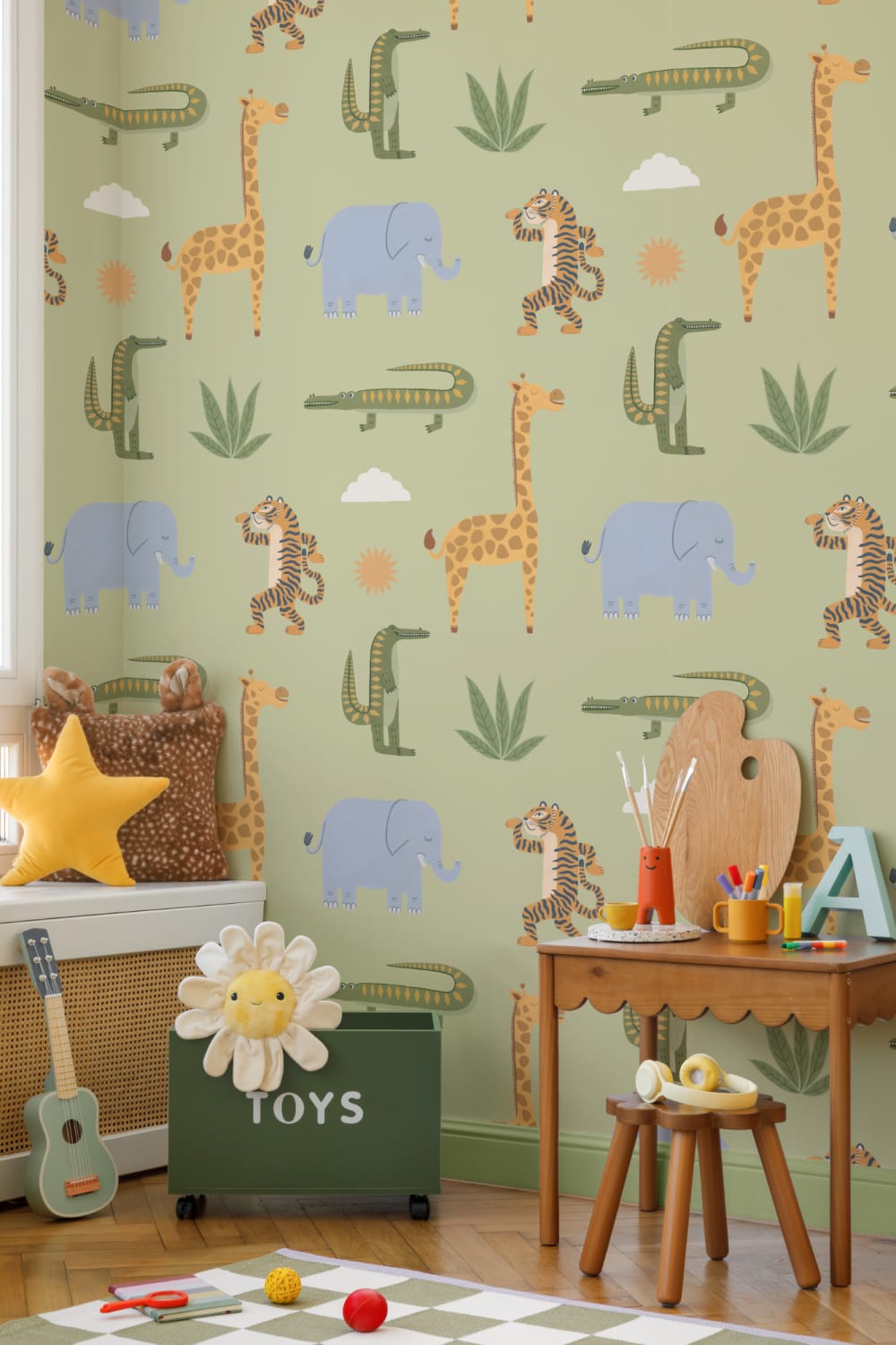 Green Kids Playful Jungle Animals Mural