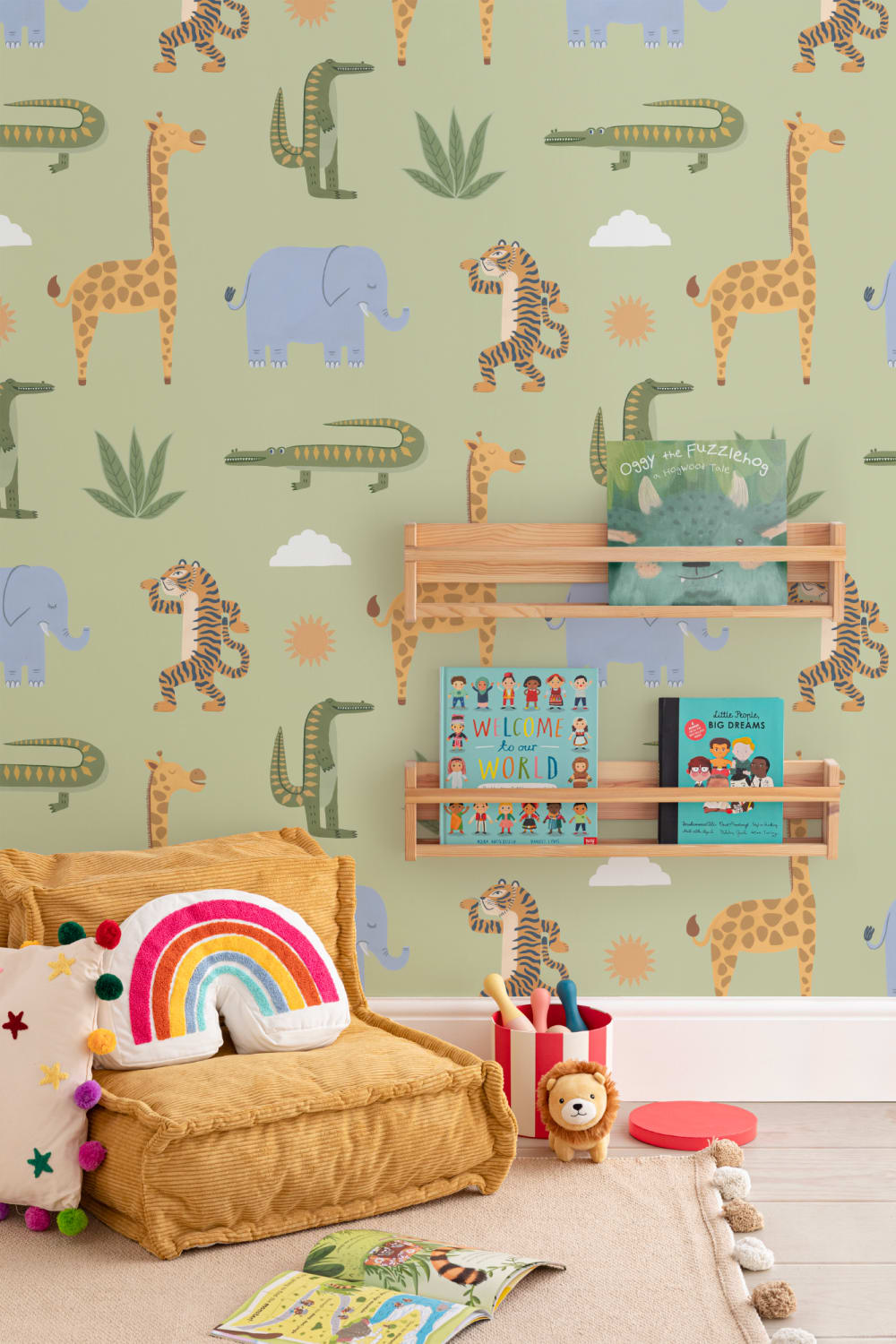 Green Kids Playful Jungle Animals Mural