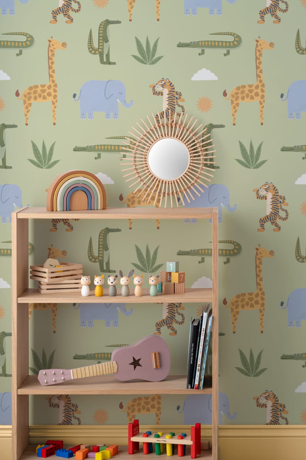 Green Kids Playful Jungle Animals Mural
