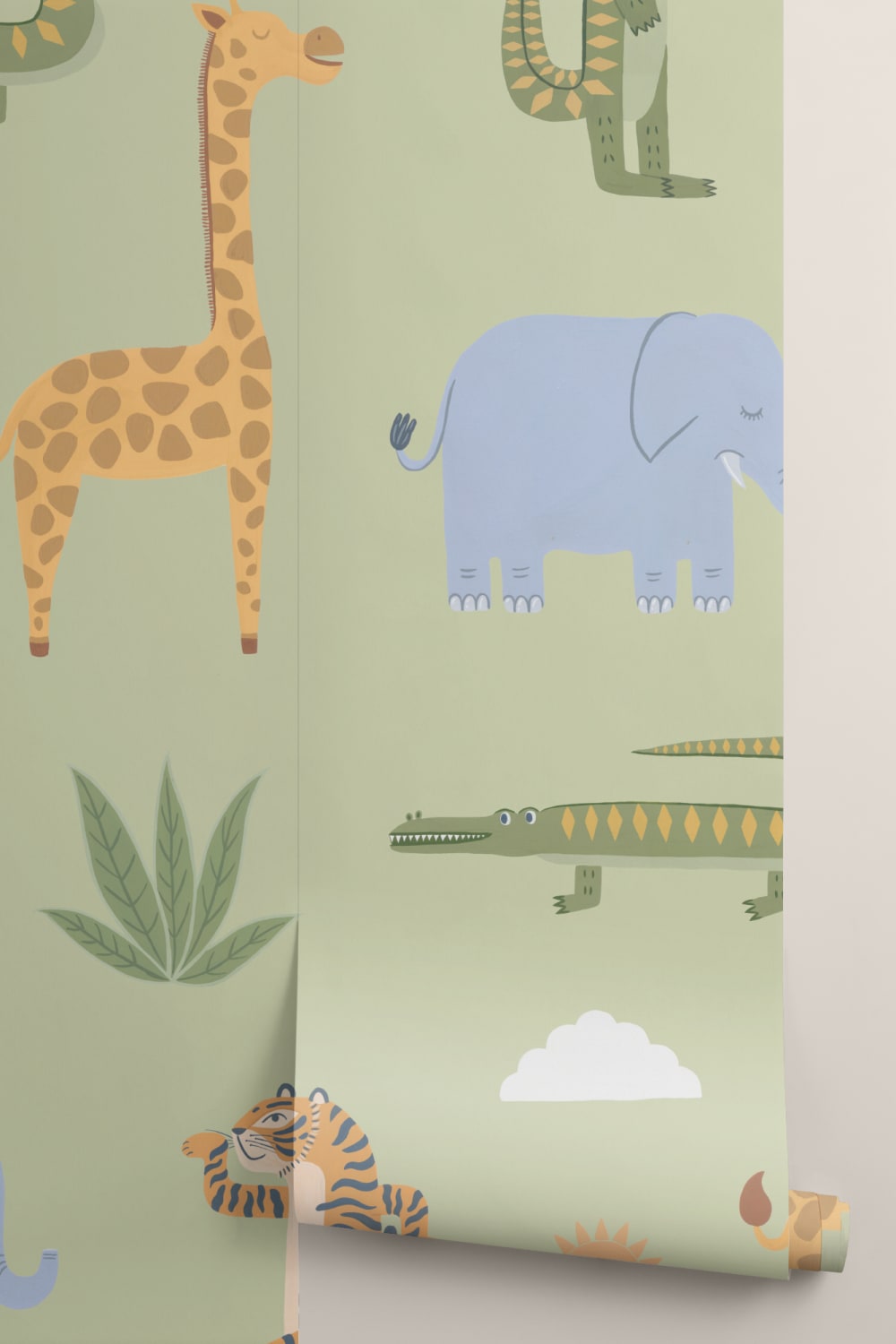 Green Kids Playful Jungle Animals Mural