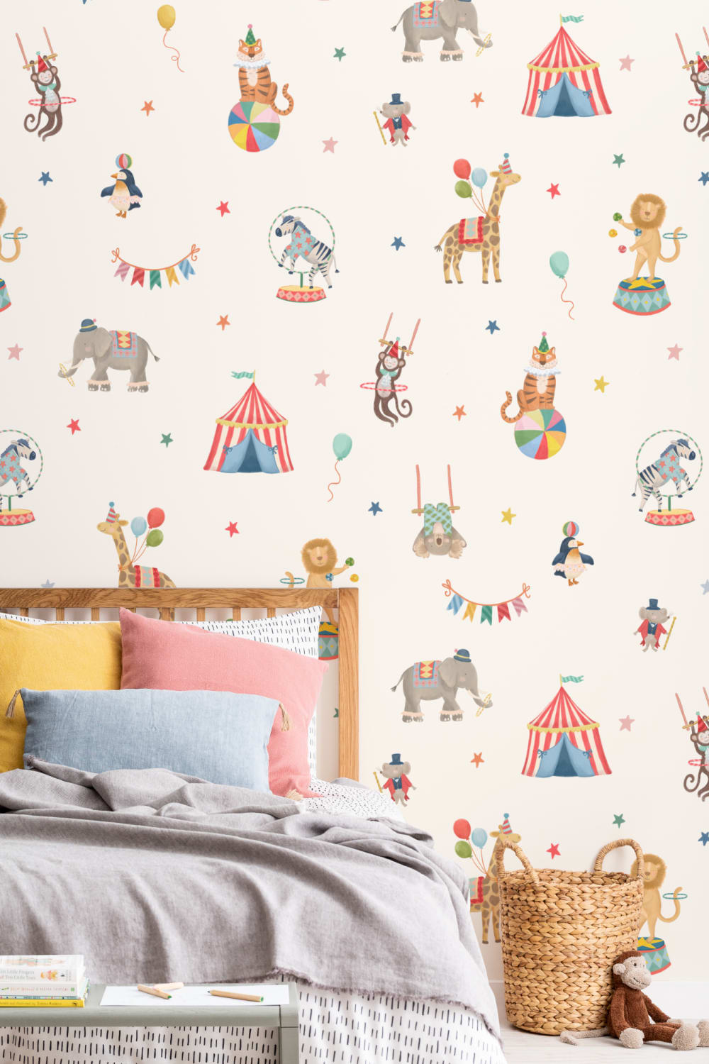 Barn beige cirkus djur mural-tapeter
