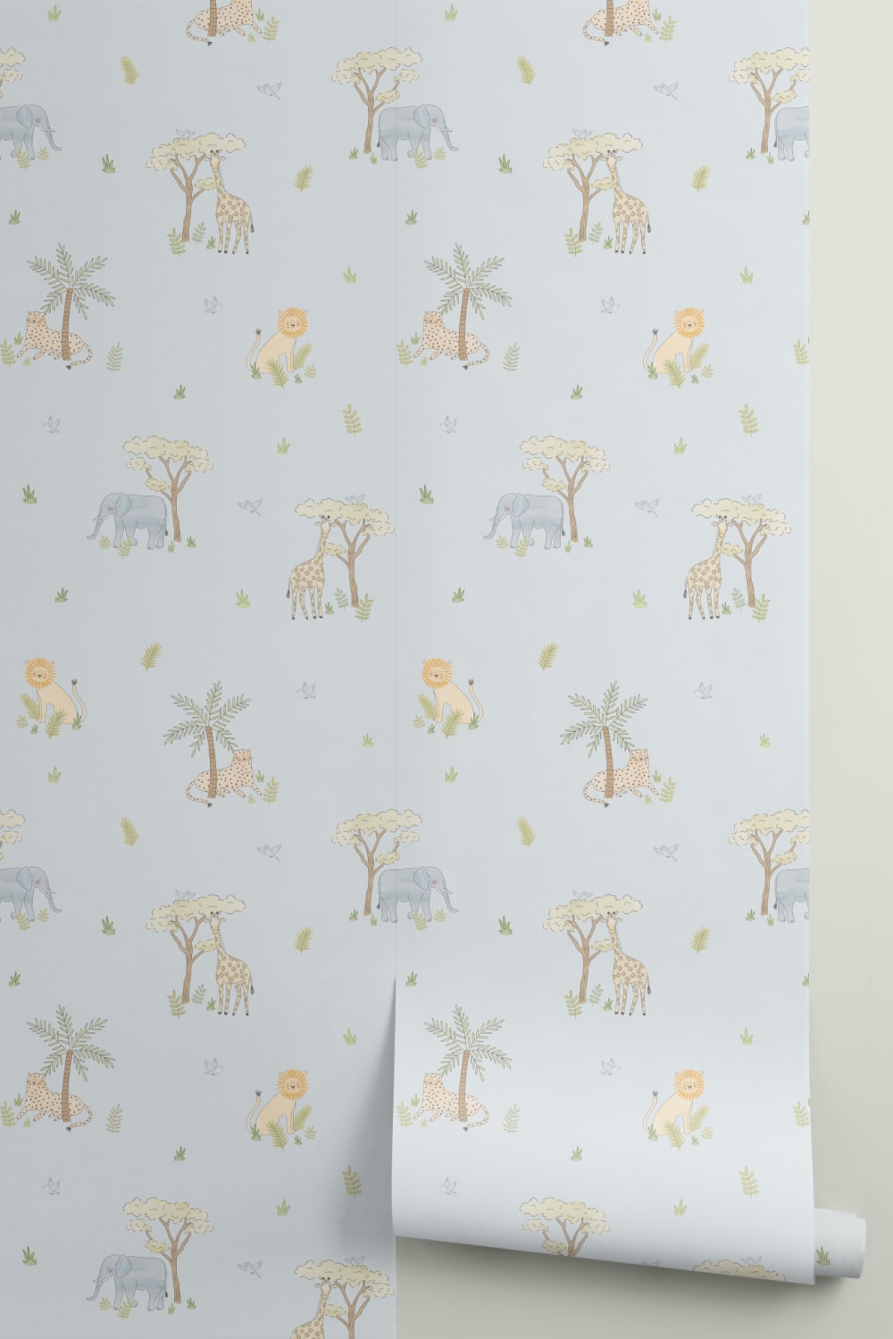 Blau illustrierte bunte Safari-Tiere Tapete