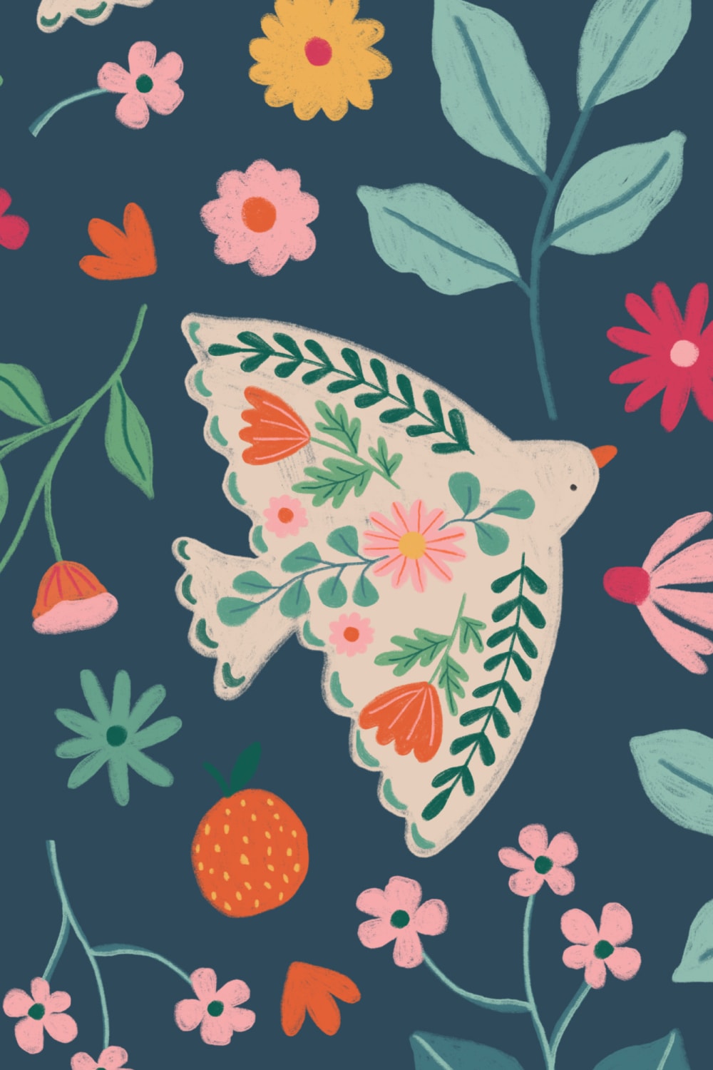 Papel de parede com motivos florais e pássaros escandinavos azuis escuros