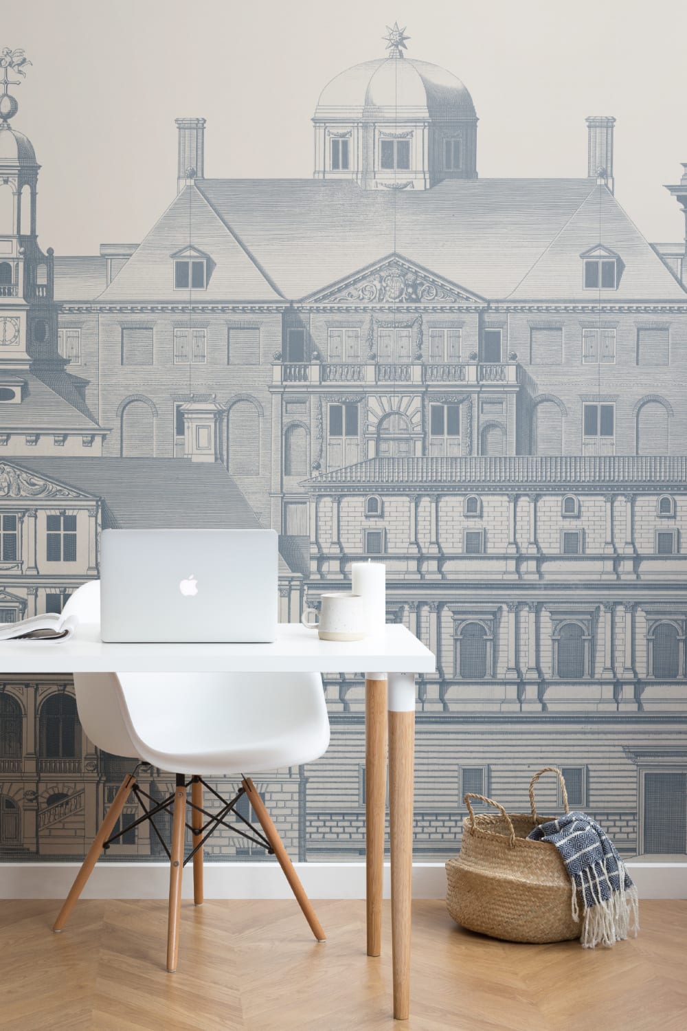 Carta da parati incisione architettonica classica Blueprint Design di Jan Matthysz e Pieter Jansz Post in blu