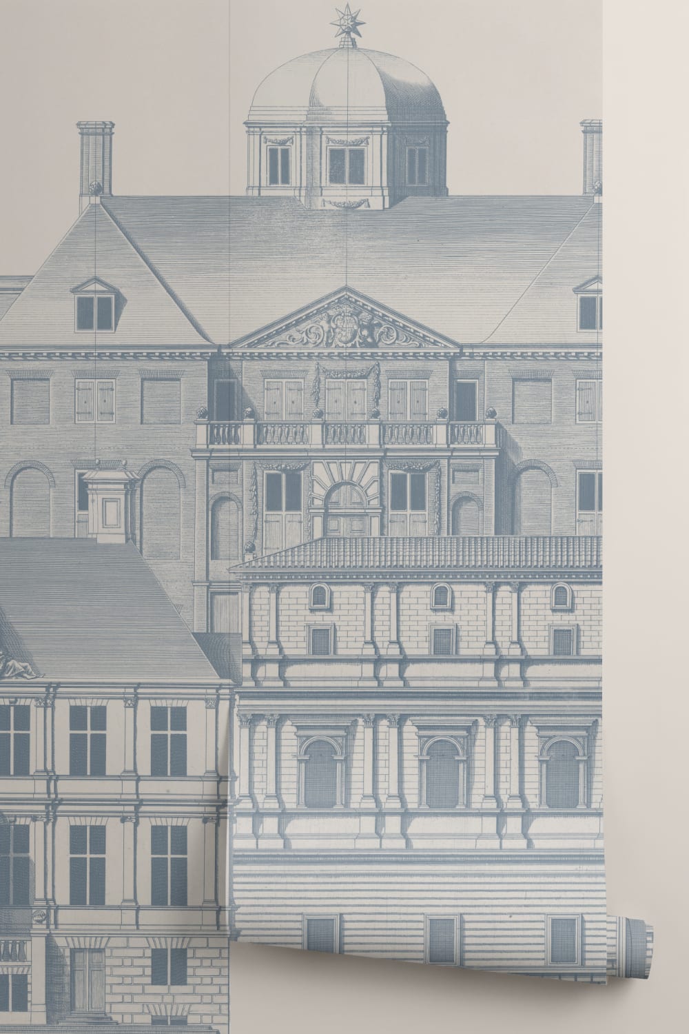 Carta da parati incisione architettonica classica Blueprint Design di Jan Matthysz e Pieter Jansz Post in blu