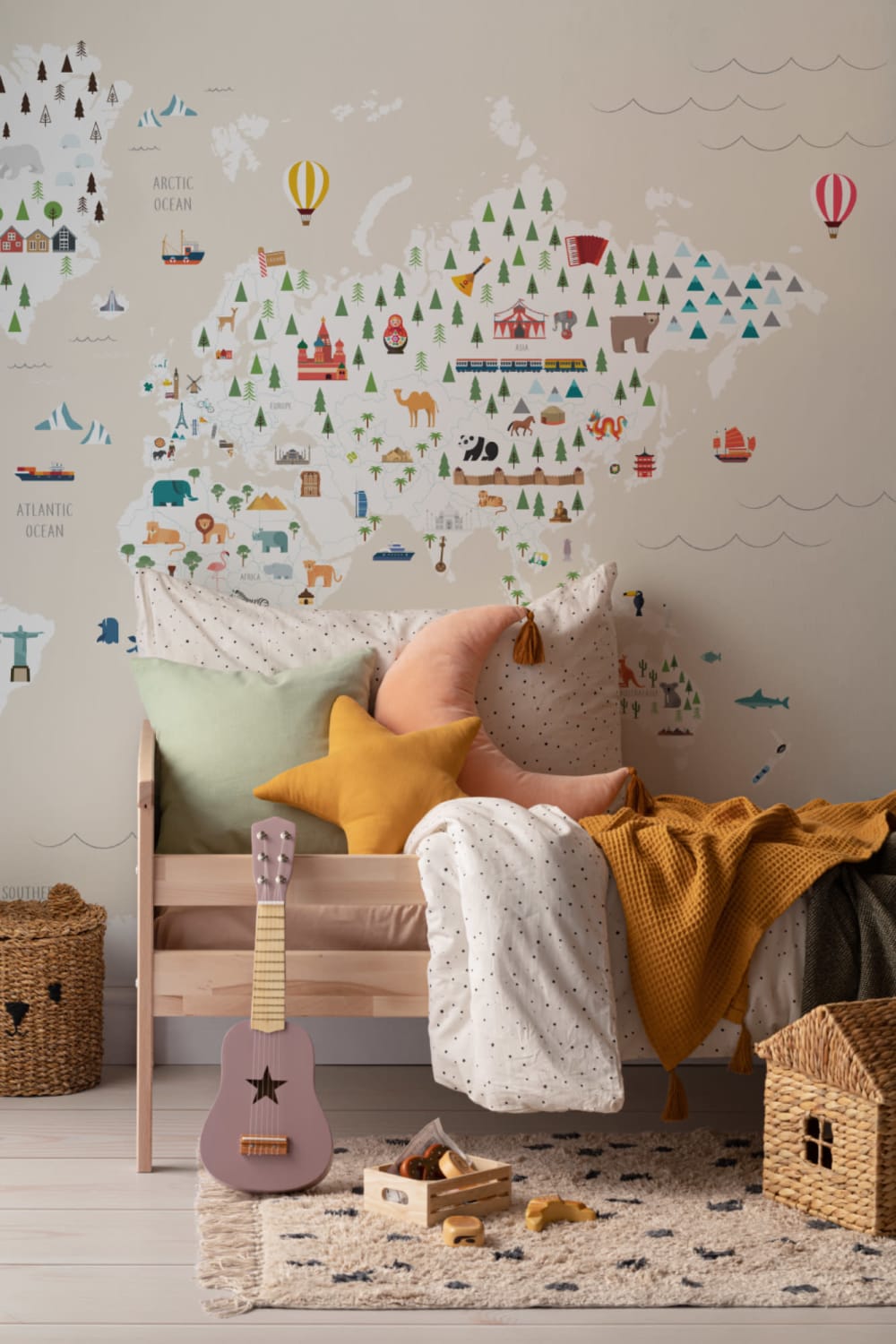 Charming Cream Kids Map Wallpaper Mural