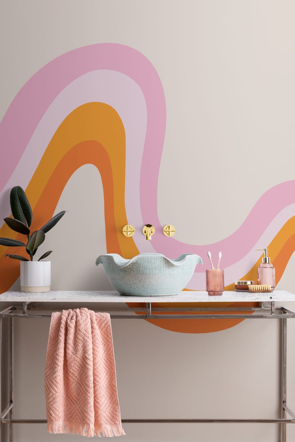 Pink og orange 70'er-retro tapetmaleri