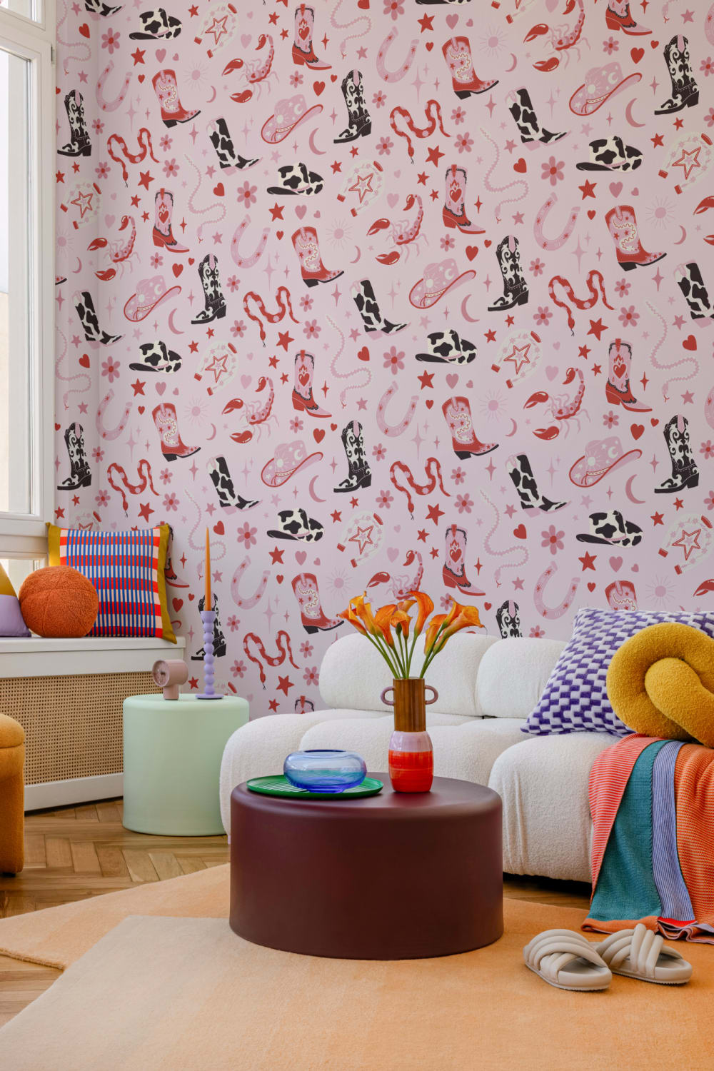 Vaaleanpunainen Western Motif tapetti