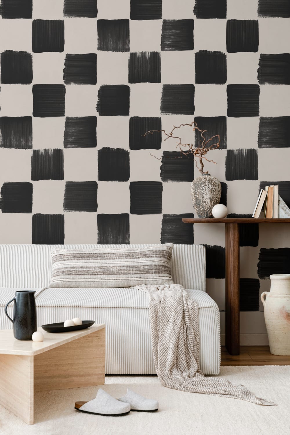 Black Beige Checkered Geometric Pattern Wallpaper