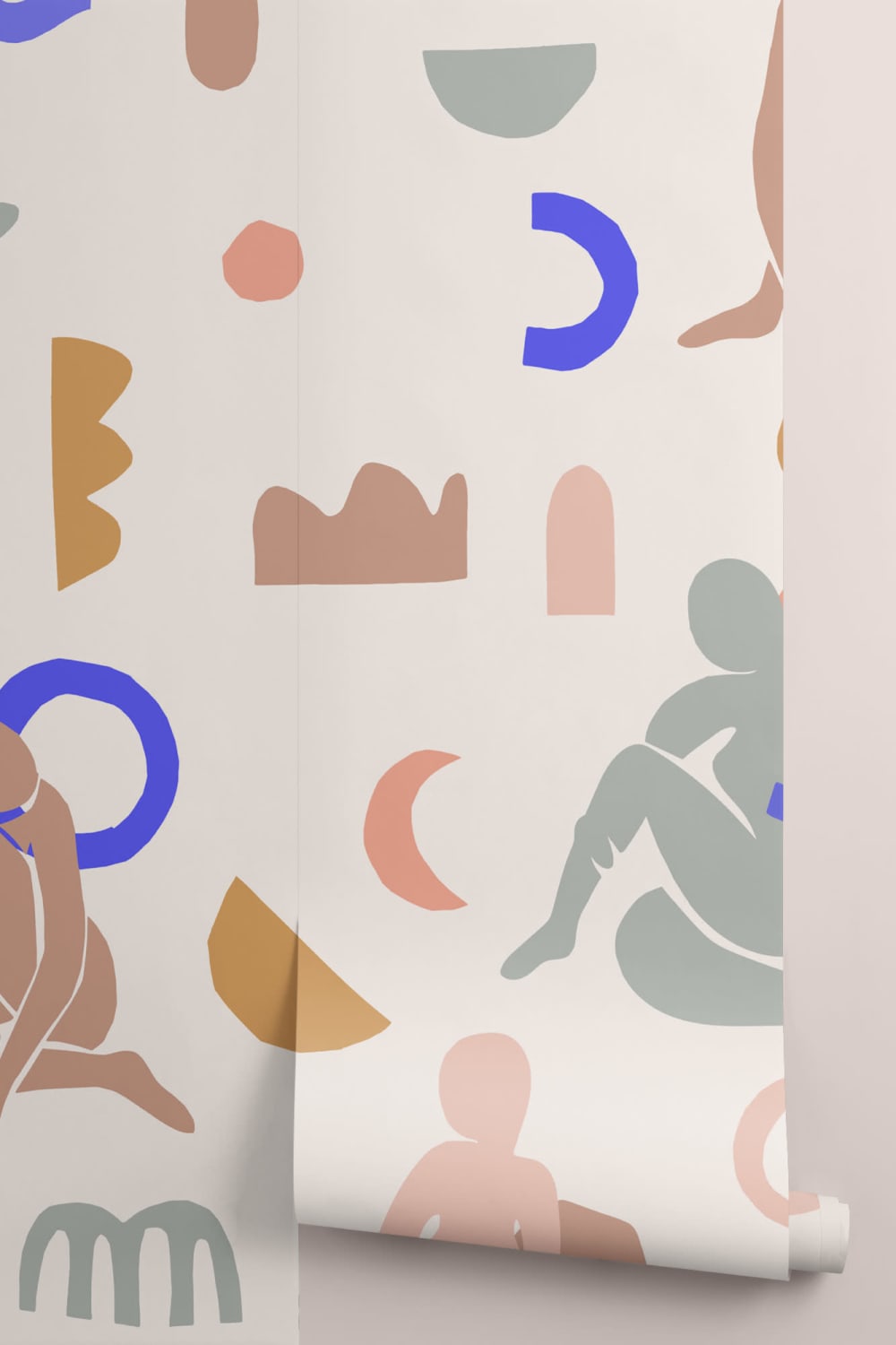 Carta da Parati di Colore Neutro con Motivi di Figure Umane e Forme Astratte